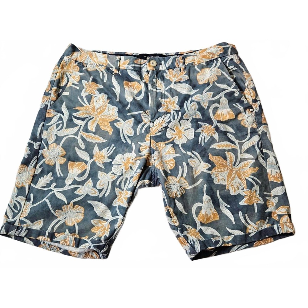 Scotch & Soda Mens Blue Floral Tropical Cotton Chino Shorts Sz 32 Summer Preppy